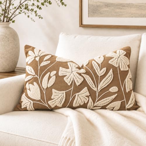 BlissBlush 12x20 Lumbar Pillow Cover, Rectangular Brown Decorative Throw Pillowcase for Couch Sofa, Embroidered Velvet Farmhouse Accent Cushion (Cover Only) - color: Warm Brown, size: 20" x 12" (Pack of 1)