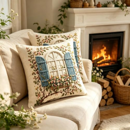 2D Flat French Arch Window Floral Linen Throw Pillow Covers 18x18 Set of 2 - color: A20025, size: 18" x 18" (Pack of 2)
