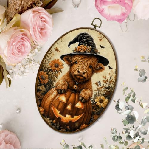 JQF Halloween Highland Cow Witchy Oval Wall Decor Framed 8.5x11.5 Inch - color: fall cow-1