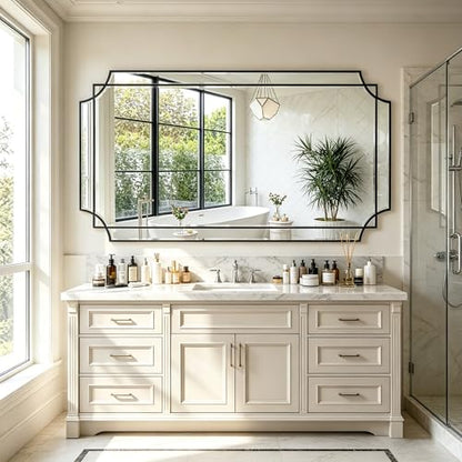 59"x30" Large Rectangle Beveled Mirror with Geometric Wood Frame - color: Black, size: 59"L x 30"W