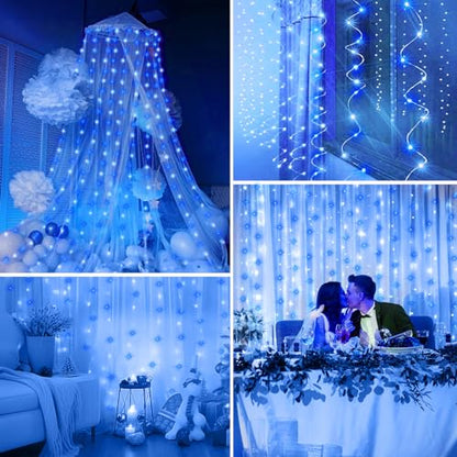 Minetom Curtain Lights, 300 LED Dimmable Twinkle Fairy Lights, 8 Modes - color: Blue & White, size: 1 Pack