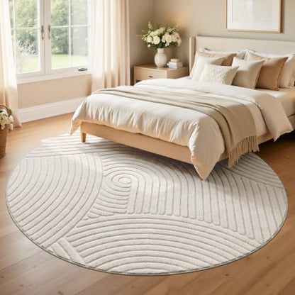 U'Artlines 5 Ft Round Area Rug, Washable Neutral Beige Modern High-Low Pile - size: 5' (Round)