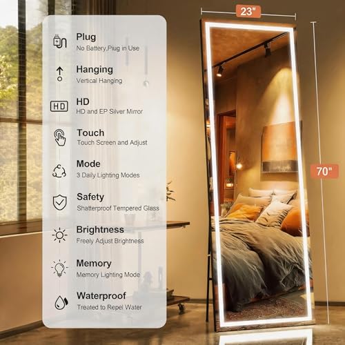 70" x 23" Full Length Mirror with Lights, LED Lighted Floor Standing Body Mirror, Dimmable & 3 Color Lighting for Bedroom, Cloakroom, Dressing Room, Tempered Glass, Black Frame - color: Black, size: 73"L x 25.4"W