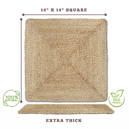 Revive Jute Placemats Set of 4-14 x 14 inch Square Natural Table Mats, Boho Heat Resistant Rustic Farmhouse Kitchen countertop & Wooden Dining Table