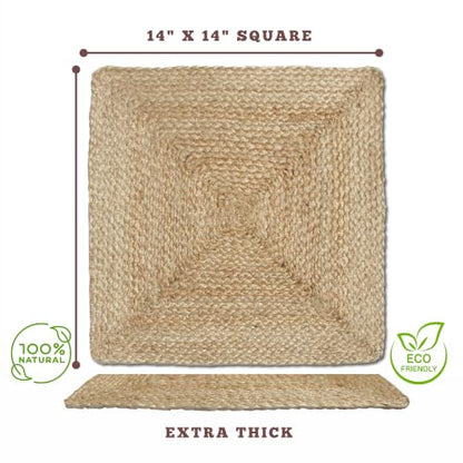 Revive Jute Placemats Set of 4-14 x 14 inch Square Natural Table Mats, Boho Heat Resistant Rustic Farmhouse Kitchen countertop & Wooden Dining Table