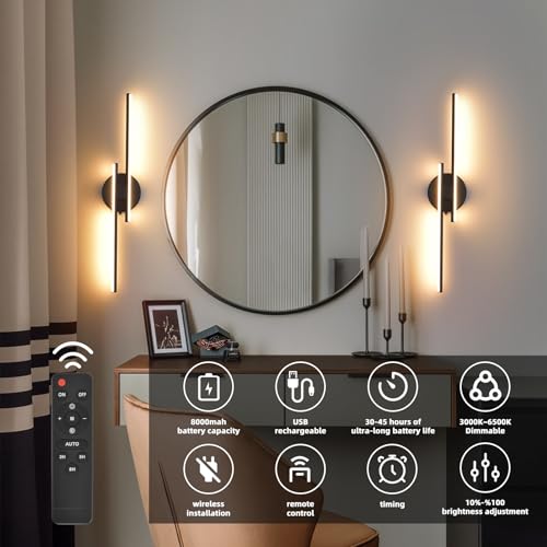 Rechargeable Battery Operated Wall Sconce Set Of Two, Black Wireless LED Wall Sconces With Remote Control, Dimmable 3 Colors Cordless wall lights for Living Room, bedroom, Hallway, 23.6 Inch ( 2pcs) - color: Black, size: 23.6" 2-Pack