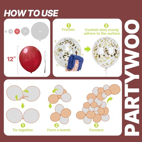 PartyWoo Burgundy White and Gray Balloons 66pcs 12 Inch Burgundy Balloons - color: Burgundy, White, Gray