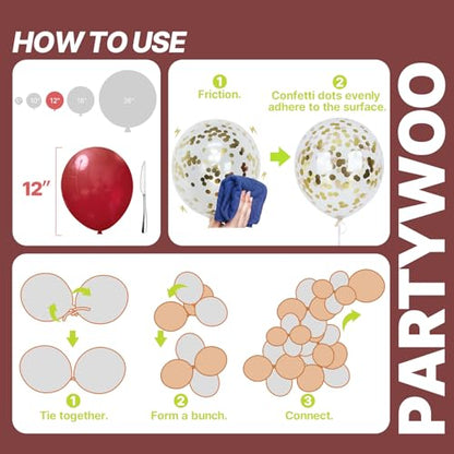 PartyWoo Burgundy White and Gray Balloons 66pcs 12 Inch Burgundy Balloons - color: Burgundy, White, Gray