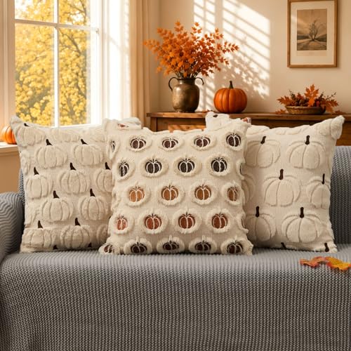 DFXSZ Fall Pillow Covers 18x18 Set of 2 Darkcolor Pumpkin Embroidery Beige - color: Multicolor Pumpkins, size: 18" x 18" (Pack of 2)