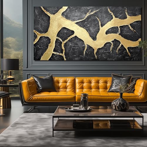 DNIEOTU Hand Painted Abstract Wall Art for Living Room, Black and Gold Canvas Wall-Decor for Bedroom, 3D Textured Paintings for Hallway Office, Large Size 80 x 40 Inches - color: ABSTRACT-55[P], size: 80"L x 40"W