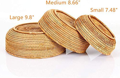Hadewoven Round Rattan Fruit Basket Wicker Food Tray Weaving Storage Holder Dinning Room Bowl, 9 Inch Woven Bread Basket Key Bowls with 3.5”Wall for Table, Countertop (Medium 8.66") - size: Medium 8.66"