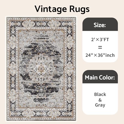 2x3 Washable Entryway Area Rug - Non-Slip Boho Throw Rugs Black Gray - color: Black/Gray, size: 2' x 3' (Rectangular)