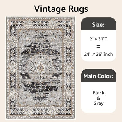 2x3 Washable Entryway Area Rug - Non-Slip Boho Throw Rugs Black Gray - color: Black/Gray, size: 2' x 3' (Rectangular)