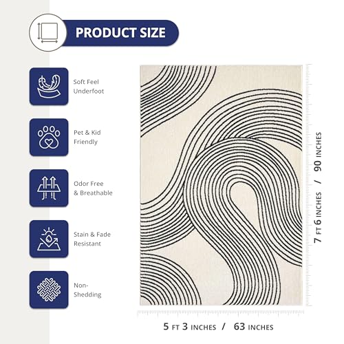 Abani Cream and Black Swirl Area Rug | 5" x 8" Beige Carpet with Wave Pattern | Modern Rug for Living Room, Bedroom and Office | Nuevo Collection - color: Cream, size: 5'3" x 7'6" (Rectangular)
