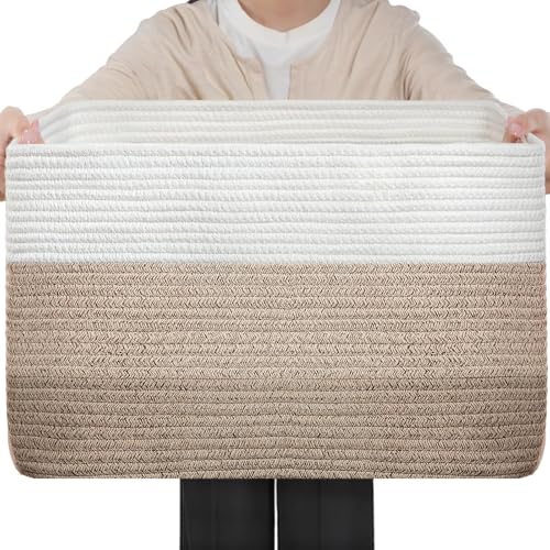 Optish 95L Large Woven Blanket Basket, Cotton Rope Laundry Basket, Brown - color: White & Mix Brown, size: 24" x 17" x 13.5"(95L)