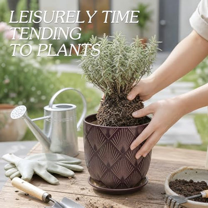 7.2 Inch Modern Ceramic Glaze Plant Pot with Drainage Hole,Mesh Net,Saucer,Indoor Outdoor Planter(Fan-Dark Purple) - color: Fan-dark Purple