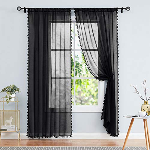 Black Pom Pom Sheer Curtains for Bedroom 52x63" Voile Draperies Guest Room - color: Modern Black, size: 52"W x 63"L (Pack of 2)