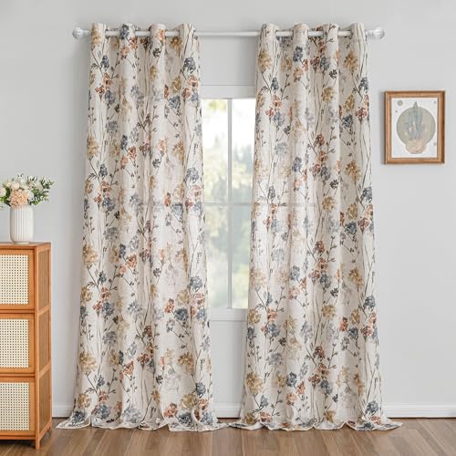MYSKY HOME Floor to Ceiling Linen Floral Curtains 95 Inch Length 2 Panels Set Semi Sheer Light Filtering Farmhouse Flower Print Patterned Window Grommet Curtains for Living/Dining Room, Yellow, 2 Pcs - color: A-yellow, size: 52"W x 95"L (Pack of 2)