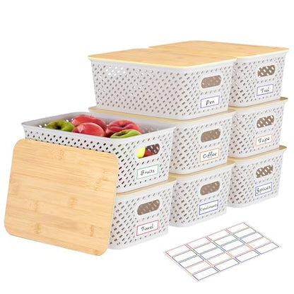 Anysig 8 Pack Plastic Storage Bins with Bamboo Lids, 5.2 QT Stackable Bins - color: Cream White