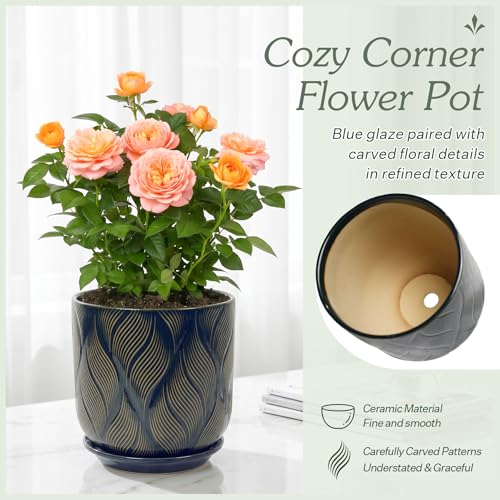 7.2 Inch Modern Ceramic Glaze Plant Pot with Drainage Hole,Mesh Net,Saucer,Indoor Outdoor Planter(Leaf-Blue) - color: Leaf-blue