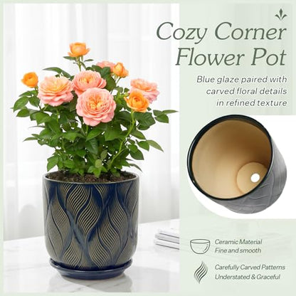 7.2 Inch Modern Ceramic Glaze Plant Pot with Drainage Hole,Mesh Net,Saucer,Indoor Outdoor Planter(Leaf-Blue) - color: Leaf-blue