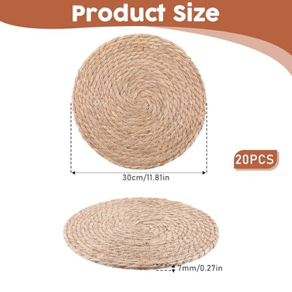 Round Woven Placemats Set of 20, 12" Brown Round Rattan Placemats Natural Water Hyacinth Place mats Farmhouse Boho Braided Placemat for Dining Table, Home, Wedding, Heat Resistant/Anti-Slip