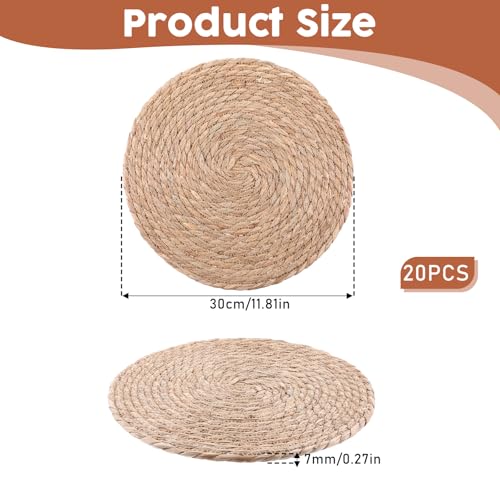 Round Woven Placemats Set of 20, 12" Brown Round Rattan Placemats Natural Water Hyacinth Place mats Farmhouse Boho Braided Placemat for Dining Table, Home, Wedding, Heat Resistant/Anti-Slip
