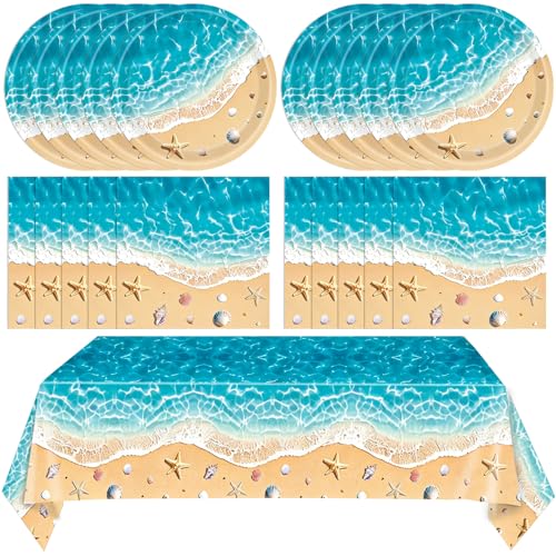 Beach Birthday Party Decorations,41Pcs Disposable Ocean Waves Beach Dessert Plates Napkins Tablecloth Tableware Set Summer Pool Hawaiian Beach Party Supplies for Kids Baby Shower Birthday - color: Beach Party