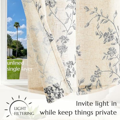 jinchan Black Floral Kitchen Tier Curtains Alisa 24 Inches Tie Top 2 Panles - color: Alisa Black on Linen, size: 26"W x 24"L (Pack of 2)