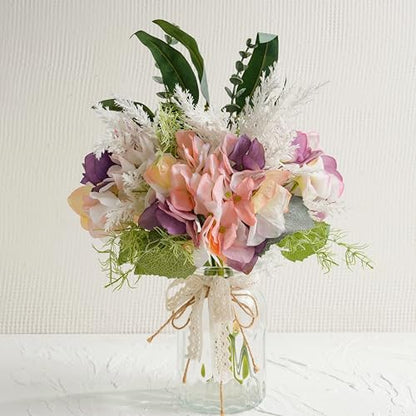 Fake Flowers with Vase, Artificial Pink & Purple Hydrangea Arrangement - color: Purple & Green