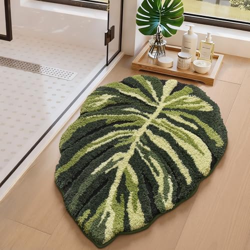 LUMI Cute Bathroom Rug Green Leaf, Absorbent Non Slip Bath Mat, 24"x32" - color: Dark Monstera