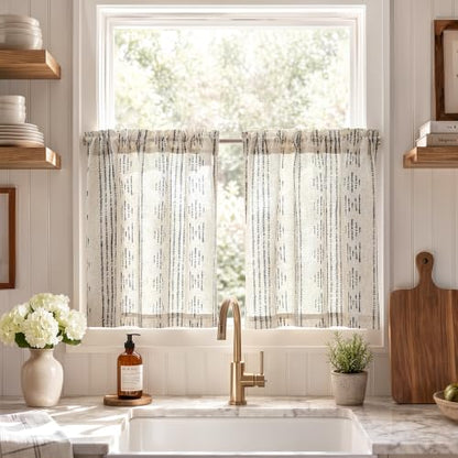 jinchan Linen Striped Tier Curtains for Kitchen Windows Black 26 x 24 inch - color: Boho Black | on Beige, size: 26"W x 24"L (Pack of 2)