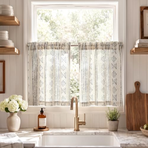 jinchan Linen Striped Tier Curtains for Kitchen Windows Black 26 x 24 inch - color: Boho Black | on Beige, size: 26"W x 24"L (Pack of 2)