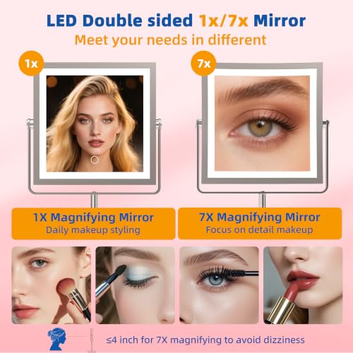 Ruacq Makeup Mirror with Lights 1X/7X Height Adjustable Brushed Nickel - color: Brushed Nickel - 7x