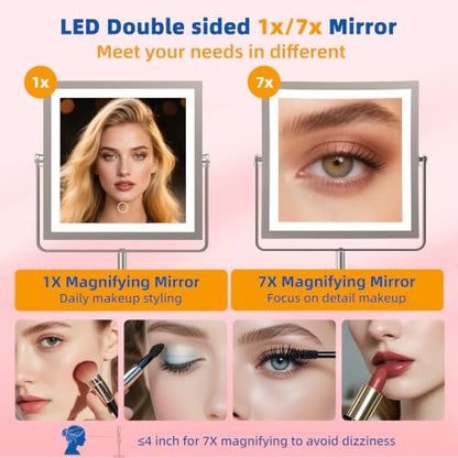 Ruacq Makeup Mirror with Lights 1X/7X Height Adjustable Brushed Nickel - color: Brushed Nickel - 7x
