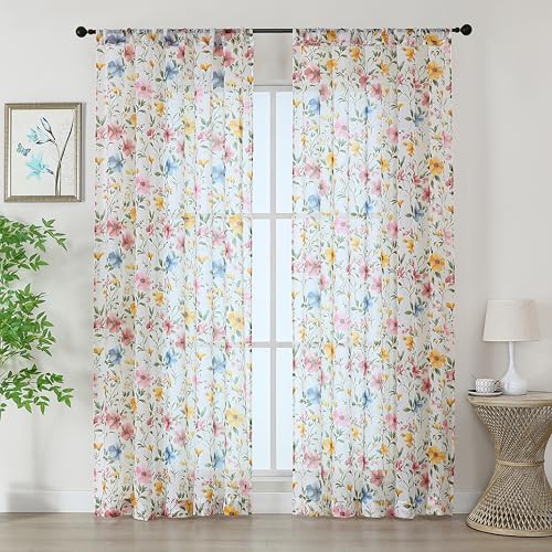 OWENIE Printed Floral Sheer Curtains - 84 Inches Long 2 Panels Set for Girls Bedroom Living Room, Soft Airy Light Filtering Textured Farmhouse Sheer Drapes, Rod Pocket Window Treatments, 50" Wx84 L - size: 50"W x 84"L (Pack of 2)