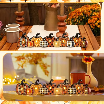 Yousoontic Fall Pumpkin Decor, LED Lighted Fall Table Centerpieces, Retro Plaid Leopard Wooden Pumpkin Sign Decorations 3D Block Farmhouse Decor for Autumn Harvest Thanksgiving Home Mantel Party - style: Plaid Pumpkin