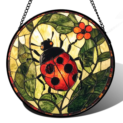Ladybug Flower Stained Glass Window Hanging Suncatcher Gifts for Women 12" - color: Red and Black, size: 11.8x11.8 IN