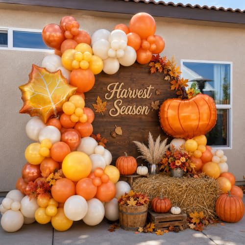 Fall Balloons 12Inch Burnt Orange Mustard Yellow Beige Thanksgiving Balloon - color: Orange Yellow White Leaf