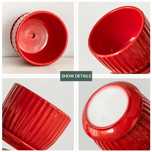 Ceramic Plant Pots Set of 3-Red Flower Pots with Drainage Holes and Saucers - color: Red