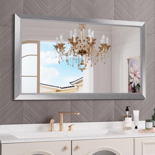Amorho Bathroom Mirror for Wall 50x30 Inch, Brushed Silver Metal Framed - color: Silver, size: 50"L x 30"W