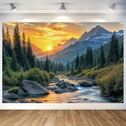 Mountain River Sunset Backdrop Nature Landscape Photography Background Cloth, Scenic Outdoor Forest Wall Hanging Tapestry for Photo Studio, Party Décor 7x5ft (82.6 x 59 Inch) - size: 82.6 x 59 Inch