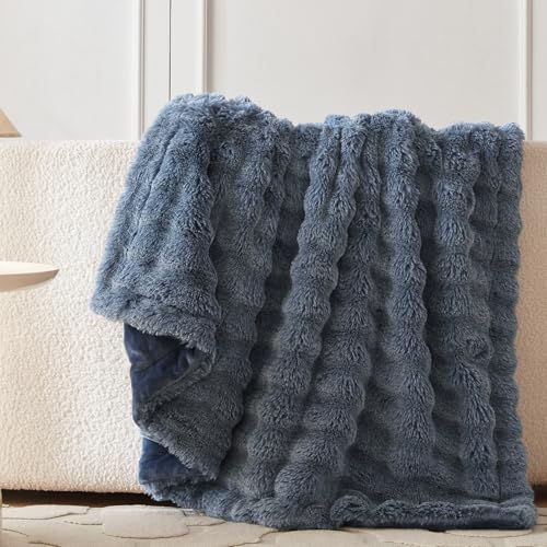 COOVA Soft Bubble Faux Fur Throw Blanket, 60"x80", Cationic Dark Blue - color: Cationic Dark Blue, size: 60“x80”