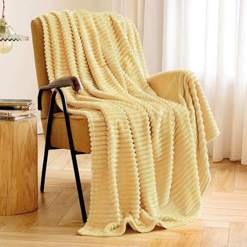 MIULEE Light Yellow Throw Blanket 3D Ribbed Jacquard Fleece Flannel Velvet Plush Decorative Bed Blanket (Throw, 50" x 60") - Super Soft, Lightweight, Warm and Cozy for Couch Sofa - color: Light Yellow, size: 50"x60"