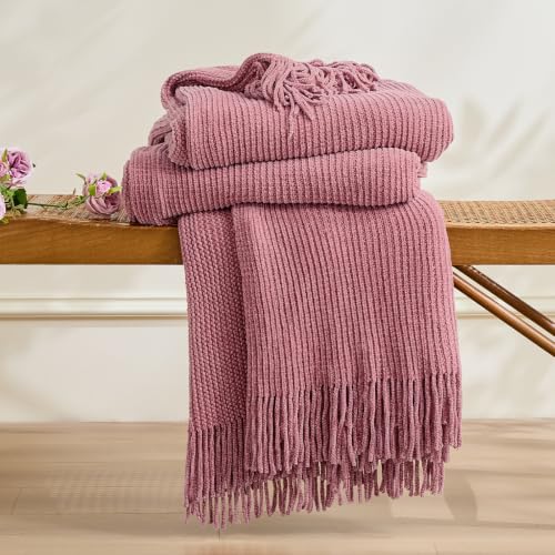 Chenille Pink Throw Blanket for Couch Bed,Soft Blanket 50"x60" - color: Cherry Pink, size: 50"x60"