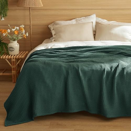 Bedsure Lightweight 100% Cotton Waffle Blanket, Queen, Dark Green - color: Dark Green, size: Queen (90" X 90")