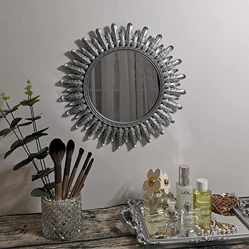 Hamphinee Feather Mirror Tray, Decorative Wall Mirror, Vintage Home Décor for Living Room, Kitchen, Bedroom, or Hallway, for Table Top or Wall Hanging Display, 12”X12”, Silver