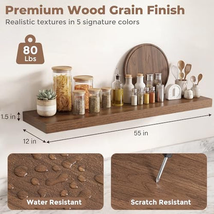 Venusmiles 12 inch Deep Floating Shelves for Wall, 55" Wide, Walnut, 2-Pack - color: Walnut Finish, size: 55"w x 12"d, 2p