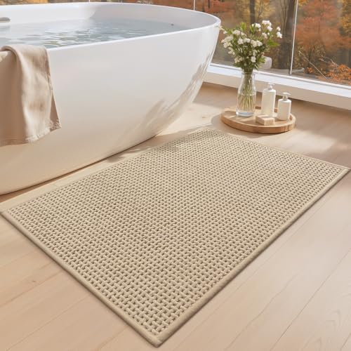 Color&Geometry Beige 30x17 Waffle Bath Mat, Rubber Non Slip Bathroom Rug - color: Beige, size: 17"x30"