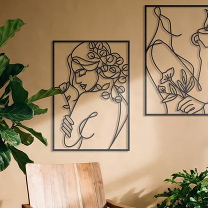 deeinglif Minimalist Woman Metal Wall Art Set of 4-3D Abstract Female Line Art Wall Decor with Monstera Leaf & Lotus, Modern Black Silhouette Hanging for Bedroom, Living Room, Above Bed (12x17 Inch)